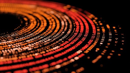 Abstract Digital Artwork Featuring Circular Pattern of Binary Code in Red, Orange, and Black Color Scheme, Representing Technology and Data Concepts