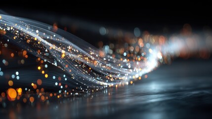 Abstract flowing light trails with bright glowing particles creating a dynamic motion on a dark background illustrating technology and innovation concepts