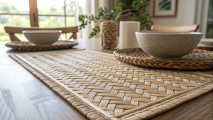 Woven placemat on a wooden dining table in bright sunlight