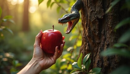 Snake offers red apple to woman hand in rich green garden. Temptation and first sin story from Genesis, bible theme. Forbidden fruit offered by serpent on tree.