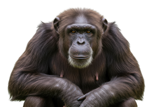 Chimpanzee portrait isolated on transparent background, primate with expressive face and human-like features in PNG format