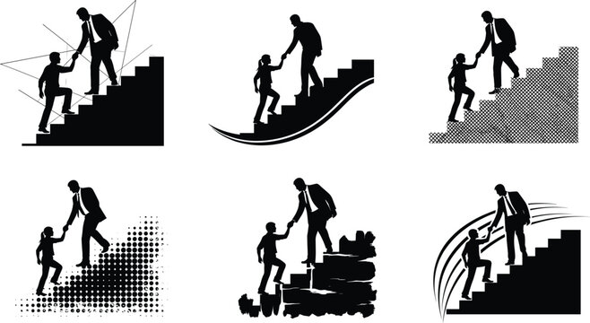 Silhouettes of business people helping others climb stairs, mentorship, teamwork, leadership, guidance, support, growth, success, opportunity - Powered by Adobe