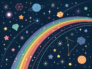 Rainbow in space illustration including stars and geometric shapes