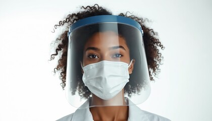 Woman wears face shield and medical mask. Protective gear covers face for safety. Clear plastic visor shields from germs, illness. Person works in healthcare, faces hazard, protects health.