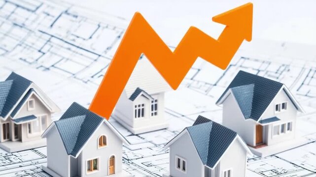 Small model houses with an upward trend arrow, representing growth in real estate and housing market investments