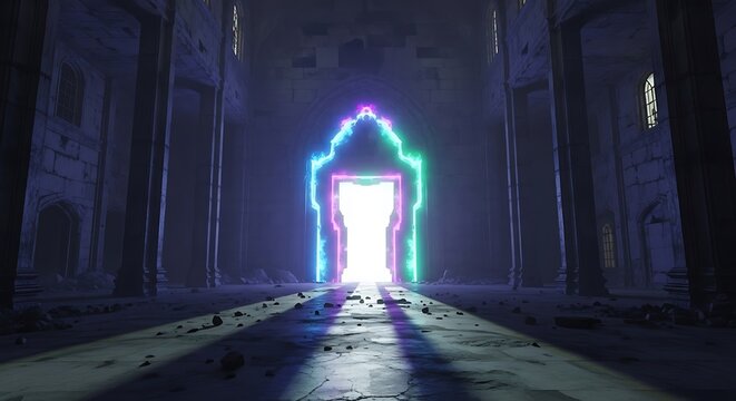 Mystical portal glows in ancient temple hall with architectural details