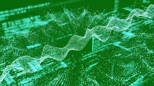 Abstract digital wave flowing through a futuristic data landscape with glowing lines and binary code.
