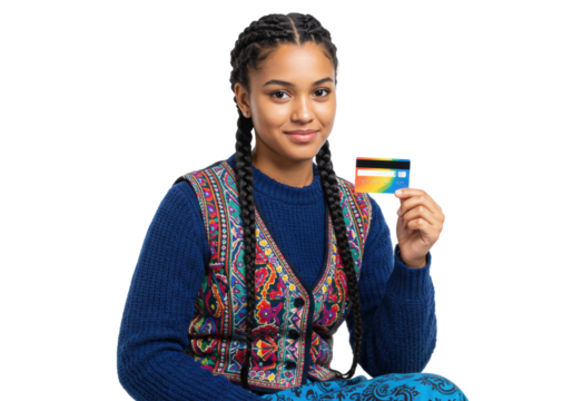 Smiling young woman with braids holding a rainbow credit card isolated, financial services and modern banking concept