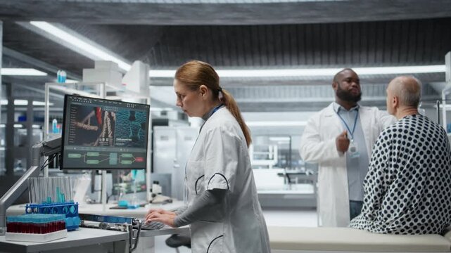 Doctor recording response to a new treatment in a clinical drug trial, monitoring vitals and checking chemical reaction within DNA molecules on computer screen. Safety and prevention. Camera A.