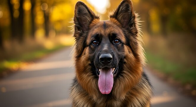 German shepherd dog portrait outdoors with blurred background