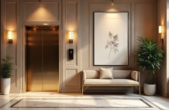 Elegant lobby interior with modern elevator. Luxurious beige, gold decor featuring artwork, marble floor, plants. Comfortable seating area with couch, metal frame. Contemporary style entrance with