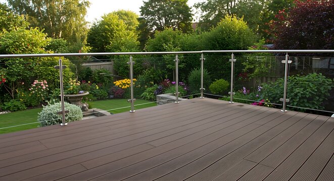Modern deck with glass railing and lush green garden landscape