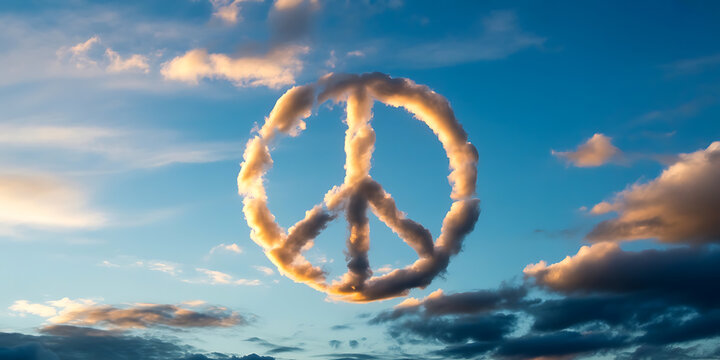 Peace symbol formed by clouds in a bright blue sky, representing harmony and tranquility.