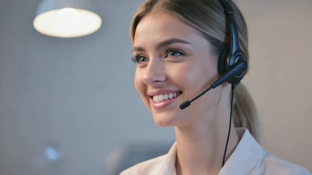 Freundliche Kundendienstmitarbeiterin mit Headset im B&uuml;ro