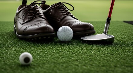 Golf shoes with ball and club on green grass