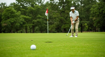 Golfer prepares to putt on green aiming for the hole with flag in background