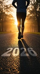 Naklejka premium A person runs on a sunlit road with the year 2026 painted on the asphalt, casting a long shadow during a misty golden sunrise or sunset.