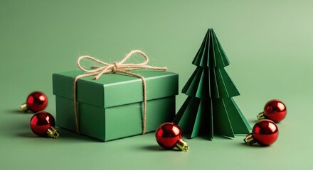 A festive arrangement featuring a green gift box, holiday decorations, and a paper tree.