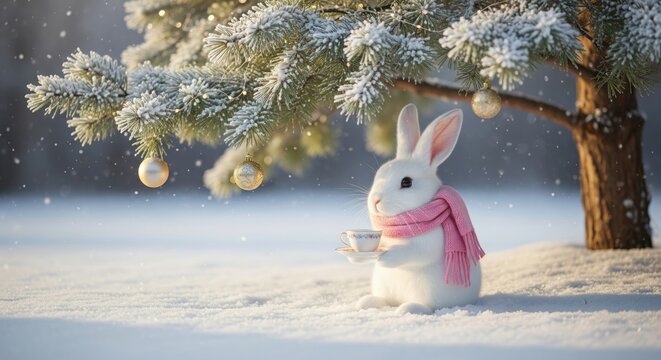 A cute rabbit in a pink scarf sitting in the snow under a decorated tree.
