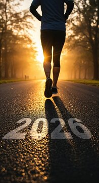 A person runs on a sunlit road with the year 2026 painted on the asphalt, casting a long shadow during a misty golden sunrise or sunset.