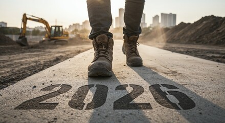 A person wearing sturdy work boots walks on an asphalt path marked with the year 2026, towards a dusty construction site with an excavator under a warm, golden sunset.