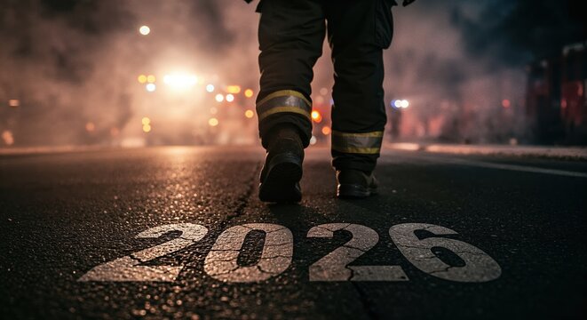 A low-angle view of a person in a firefighter uniform walking on asphalt with the prominent number 2026 painted on the ground amidst a smoky, dark emergency scene.