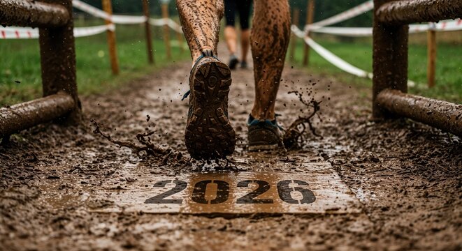 A gritty, low-angle shot from behind an athlete's mud-splattered legs and shoes, running through a challenging muddy obstacle course with the year 2026 clearly visible on the ground.