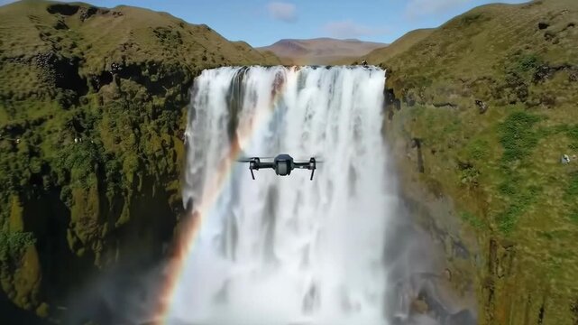 Explore the beauty of Seljalandsfoss waterfall in Iceland as a drone soars above, capturing the cascading waters and vibrant rainbows in the lush green surroundings at midday.
