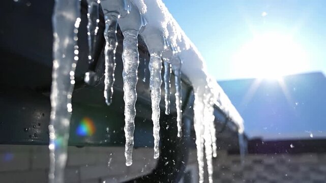 Melting snow creating icicle drips from gutters on a sunny winter day.