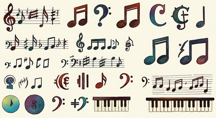 Musical notes and symbols collection on beige background for design elements