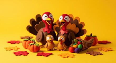 Obraz premium Colorful and fun Thanksgiving turkey decorations with pumpkins and leaves on yellow background.