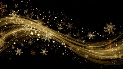 Commercial high-resolution photo of golden snowflakes and light streaks on a black background.