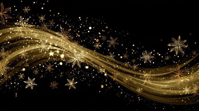 Commercial high-resolution photo of golden snowflakes and light streaks on a black background. - Powered by Adobe