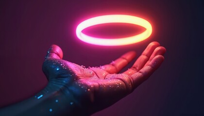 Outstretched human hand reaches up, holding vibrant neon glow ring. Bright orange pink light illuminates skin, casting abstract colorful patterns. Glitter sparkles on hand, suggesting futuristic