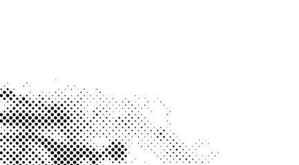 Monochrome halftone pattern showcases a textured gradient effect with scattered black dots converging to form a dense, abstract design on a clean white backdrop, evoking vintage aesthetics