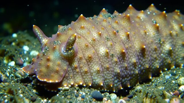 Close up of a sea cucumber underwater showing textured skin and details