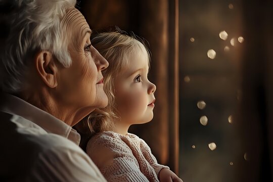 Senior man and young blonde girl looking through window with bokeh lights, side view portrait in warm tones capturing tender family moment and generational bond.
