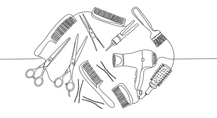 Hairdressing tools arranged in a circle for beauty and hair care services