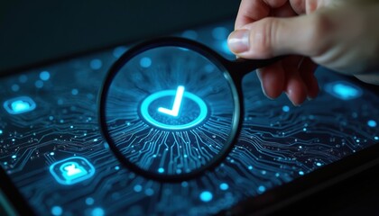 Hand holds magnifier over screen, check mark on circuit board. Focus on digital data audit system, online safety, network, security. Verification, privacy, protection in cyberspace.