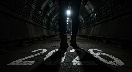 A person stands silhouetted in a dark, atmospheric tunnel with the bright numbers 2026 projected onto the ground, symbolizing a future journey or a new beginning.