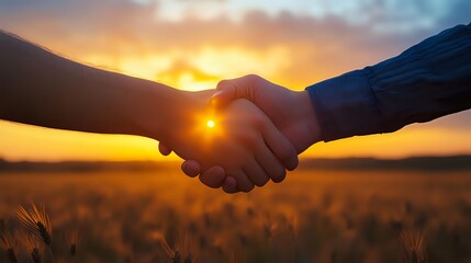 Silhouette of handshake against dramatic sunset sky over golden wheat field, symbolizing business agreement, partnership, and agricultural success in rural setting.