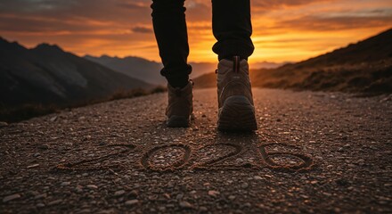 A person in hiking boots walks on a gravel road towards a mountain range at sunset, with the year 2026 etched into the ground, symbolizing a journey into the future.
