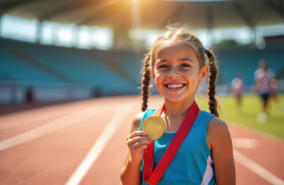 Young girl athlete wears gold medal around neck. She smiles happily on stadium track after winning competition. Child celebrates first place victory on sports field.
