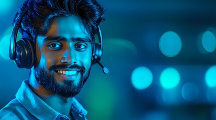 Young South Asian male with beard wearing headset and smiling against blue bokeh background, professional gamer or esports player in neon lighting atmosphere.