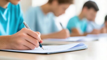 Focused student writing notes in classroom setting with peers engaged in learning and study activities