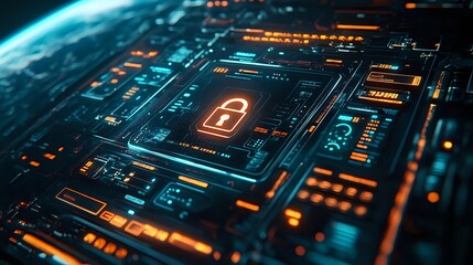 Fototapeta premium Glowing cybersecurity lock icon on digital circuit board with futuristic orange and blue elements against earth background illustrates data protection concept.