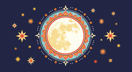 Naklejka premium Decorative vector design of full moon and stars in night sky, background, Karwa Chauth celebration 