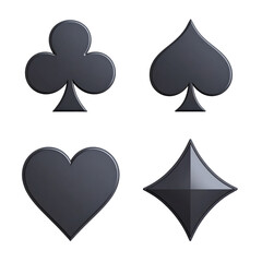 Four dark, glossy playing card suits clubs spades hearts diamonds symbolize luck and chance for casino games