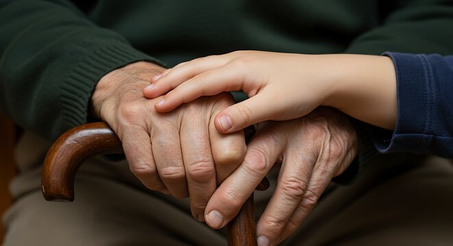 Hands holding over wooden cane symbolizing care and support concept