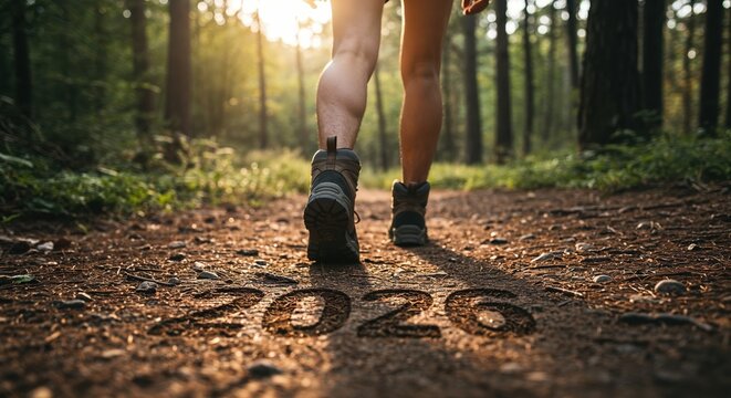A person's legs in hiking boots walk along a sun-dappled forest path with the number 2026 clearly imprinted in the foreground, symbolizing future progress.